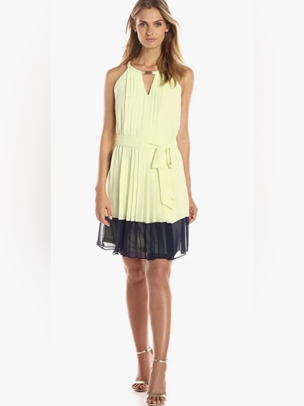 Jessica Simpson Lemon Halter Pleated Mini Dress with Navy Hem